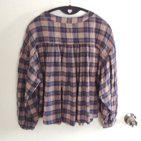 Free People Jessi Plaid Top Grey Combo Balloon Sleeves Oversized Size XS Cotton - Picture 15 of 15